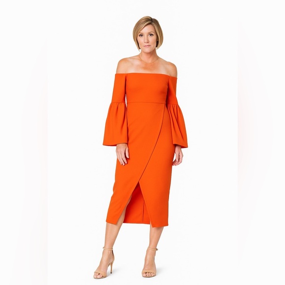METAMORPHOSIS GIRL Orange Off-The-Shoulder Midi Dress Size Medium Cocktail - Picture 1 of 5